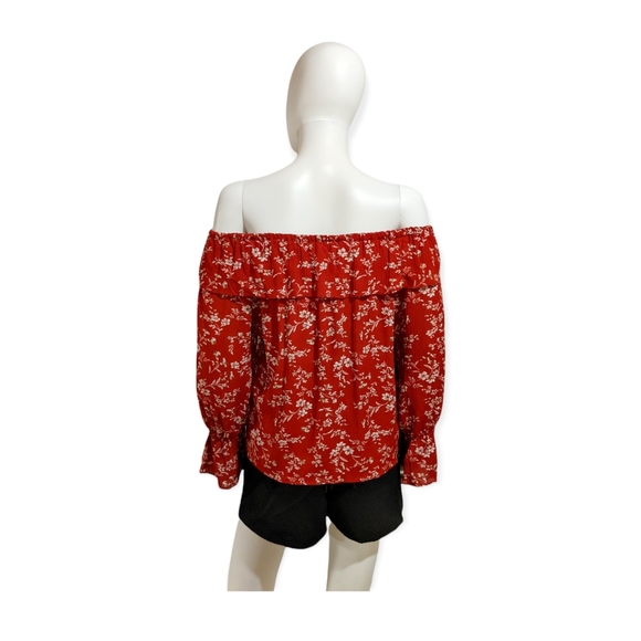 New Trend Off-Shoulder Long Sleeve Floral Top Dark Red - Picture 7 of 12